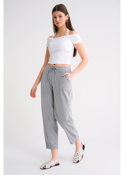 4436 Kadın Keten Çımalı Şalvar Pantolon Gri fiyatları