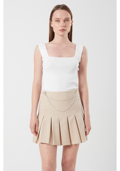 4155 Kadın Zincir Detay Pileli Mini Etek Bej
