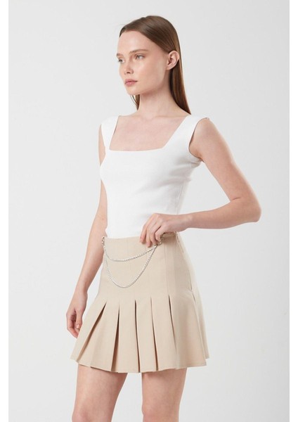 4155 Kadın Zincir Detay Pileli Mini Etek Bej fiyatları