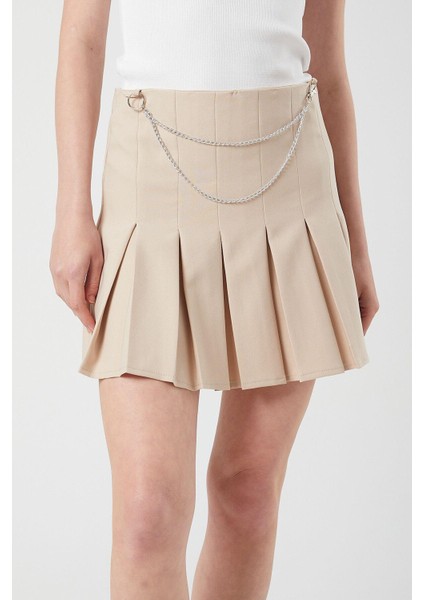 4155 Kadın Zincir Detay Pileli Mini Etek Bej fırsatları