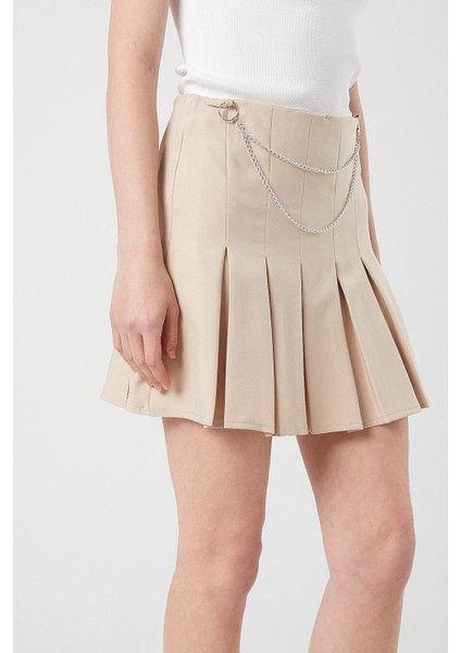 4155 Kadın Zincir Detay Pileli Mini Etek Bej indirimleri