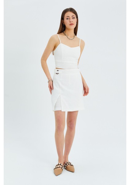 4565 Kadın Yırtmaçlı Toka Detaylı Keten Etek Ekru