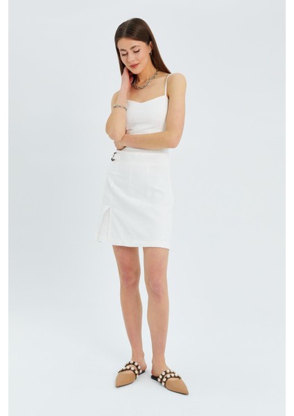 4565 Kadın Yırtmaçlı Toka Detaylı Keten Etek Ekru fiyatları