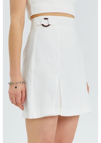 4565 Kadın Yırtmaçlı Toka Detaylı Keten Etek Ekru modelleri