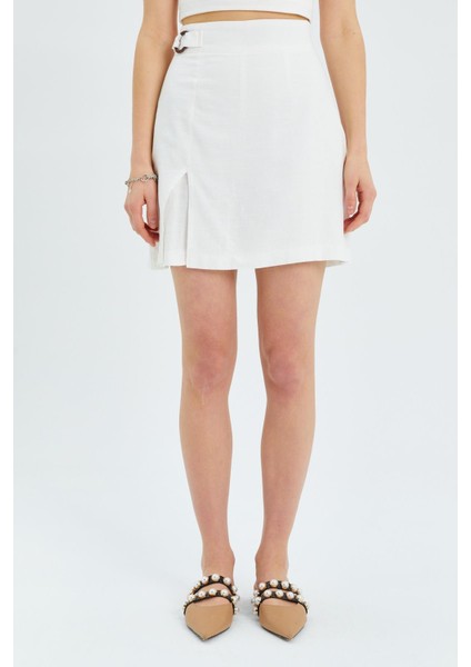 4565 Kadın Yırtmaçlı Toka Detaylı Keten Etek Ekru fırsatları