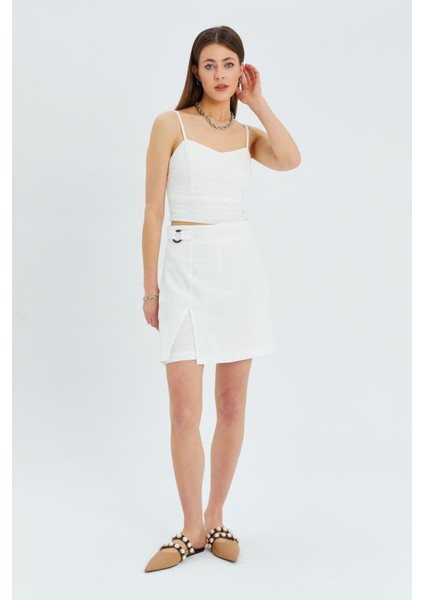 4565 Kadın Yırtmaçlı Toka Detaylı Keten Etek Ekru indirimleri