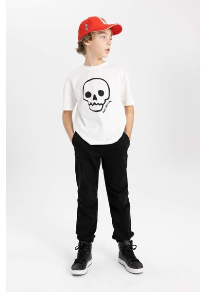 Erkek Çocuk Beli Bağcıklı Lastikli Paça Cepli Siyah Basic Düz Jogger Gabardin Pantolon B5915A824SM