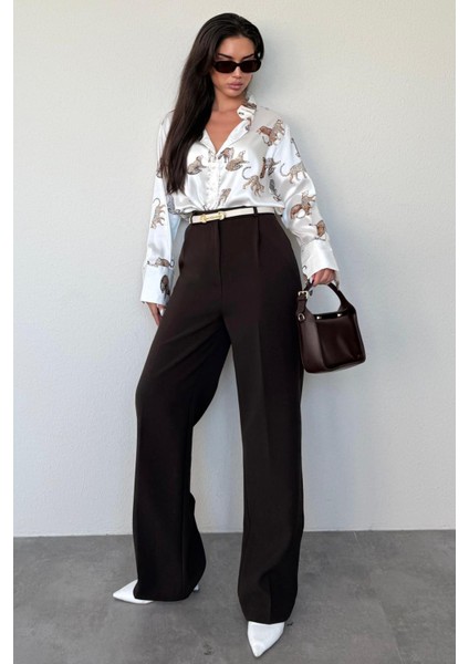 Kahverengi Yüksek Bel Kadın Palazzo Pantolon MG2506