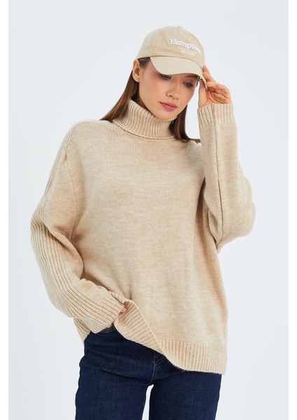 6907 Kadın Fitil Detaylı Triko Kazak Bej