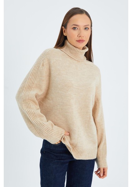 6907 Kadın Fitil Detaylı Triko Kazak Bej modelleri