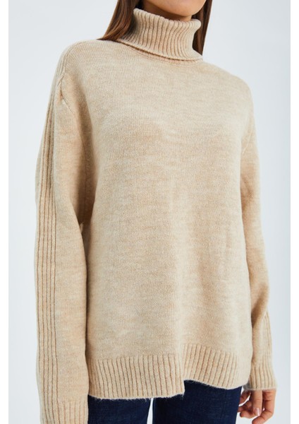 6907 Kadın Fitil Detaylı Triko Kazak Bej fırsatları