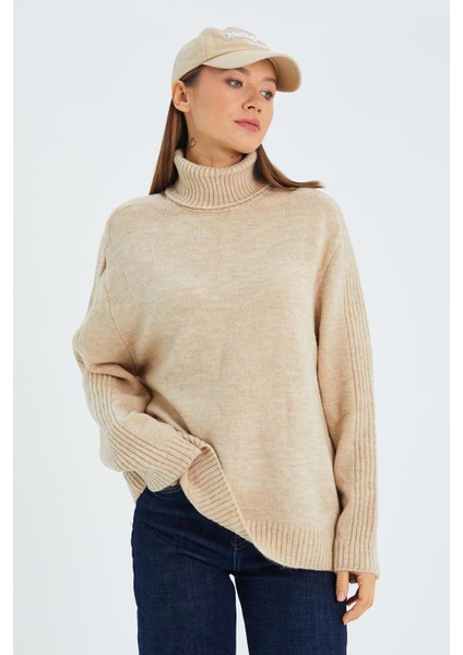 6907 Kadın Fitil Detaylı Triko Kazak Bej indirimleri