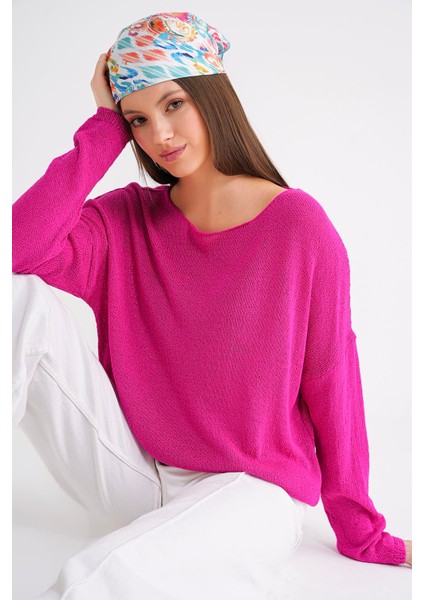6933 Kadın Kayık Yaka Ince Mevsimlik Triko Kazak Fuşya fiyatları