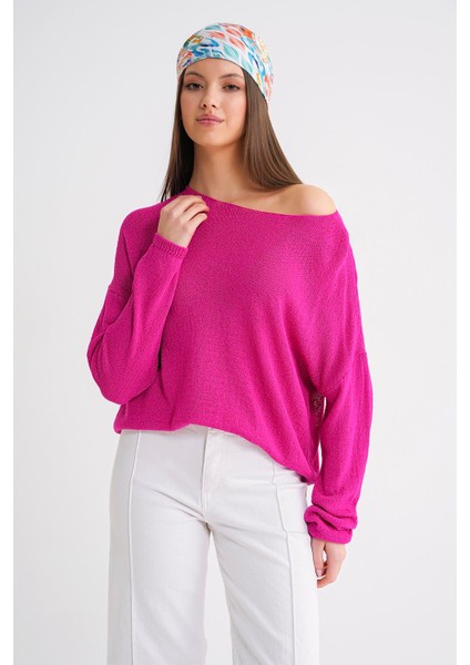 6933 Kadın Kayık Yaka Ince Mevsimlik Triko Kazak Fuşya fırsatları