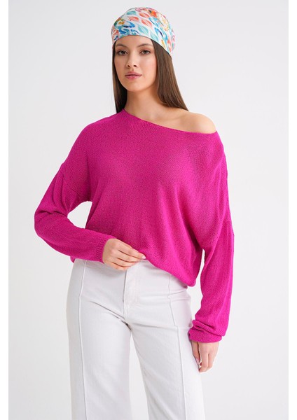 6933 Kadın Kayık Yaka Ince Mevsimlik Triko Kazak Fuşya indirimleri