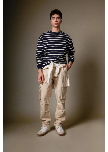 %100 Pamuk Gabardin Pantolon Wide Leg Bol Rahat Kesim Kargo Cepli Düz Paça