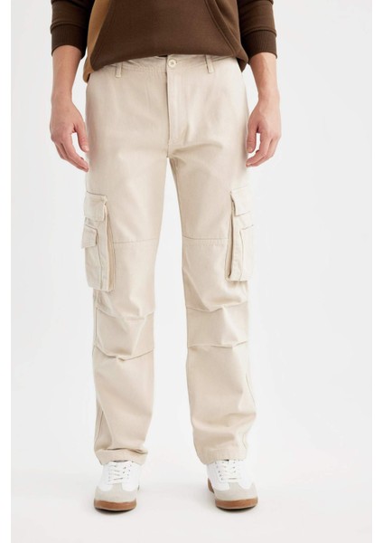 %100 Pamuk Gabardin Pantolon Wide Leg Bol Rahat Kesim Kargo Cepli Düz Paça