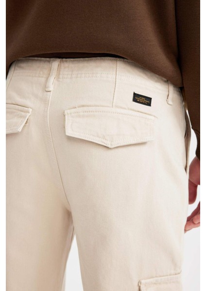 %100 Pamuk Gabardin Pantolon Wide Leg Bol Rahat Kesim Kargo Cepli Düz Paça