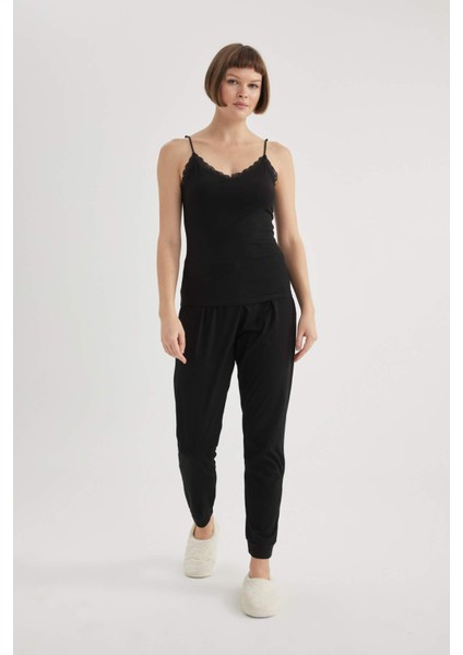 Regular Fit Dantel Detaylı İnce Askılı Pamuklu Siyah İç Atlet-Fall in Love Y5360AZ24SP