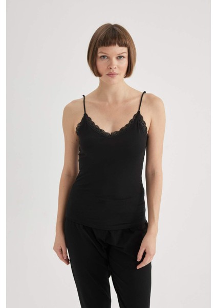 Regular Fit Dantel Detaylı İnce Askılı Pamuklu Siyah İç Atlet-Fall in Love Y5360AZ24SP