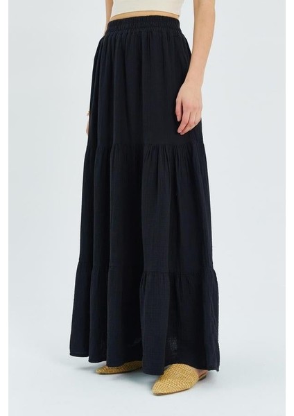 4567 Kadın Fırfırlı Uzun Müslin Etek Siyah indirimleri