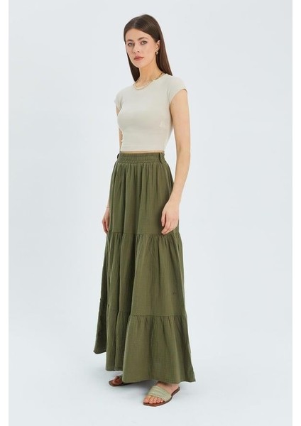 4567 Kadın Fırfırlı Uzun Müslin Etek Haki modelleri