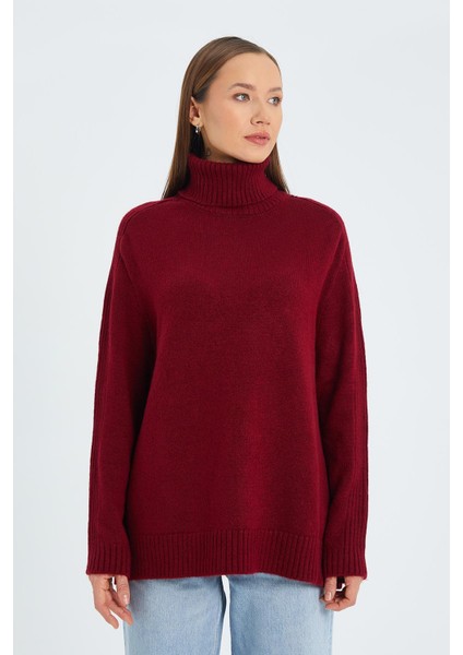 6907 Kadın Fitil Detaylı Triko Kazak Bordo
