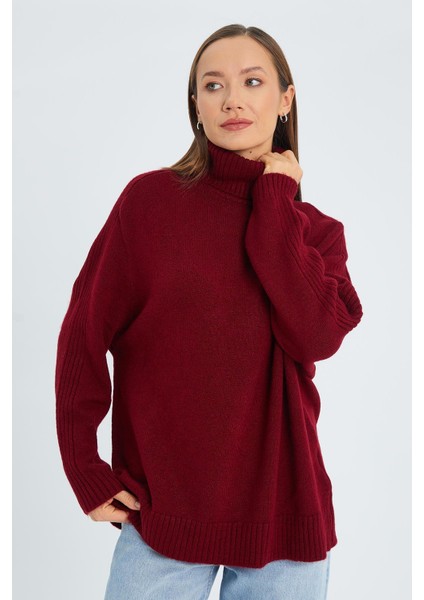 6907 Kadın Fitil Detaylı Triko Kazak Bordo modelleri