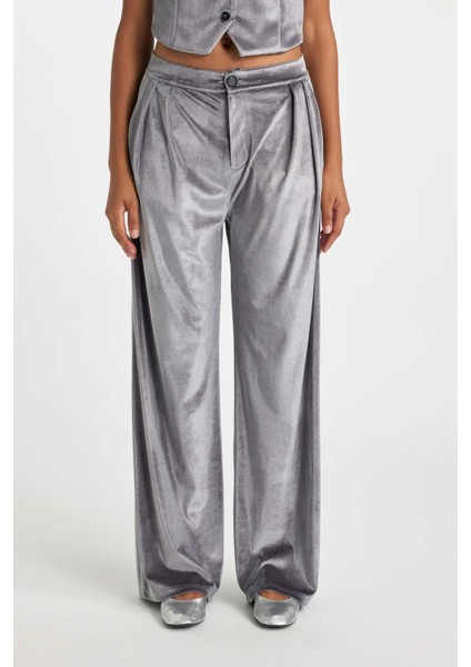 Klasik Kadife Pantolon Wide Leg Fit Geniş Bol Paça Yüksek Bel Pileli Çift Cepli B6216AX23WN
