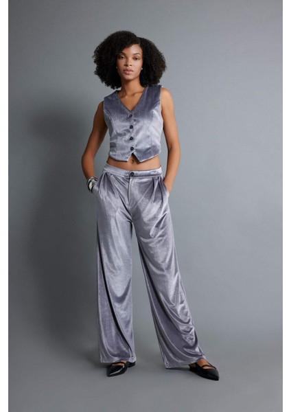Klasik Kadife Pantolon Wide Leg Fit Geniş Bol Paça Yüksek Bel Pileli Çift Cepli B6216AX23WN