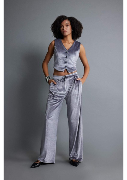 Klasik Kadife Pantolon Wide Leg Fit Geniş Bol Paça Yüksek Bel Pileli Çift Cepli B6216AX23WN