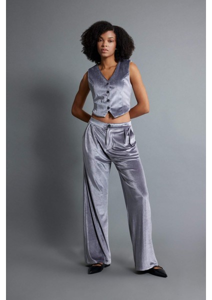 Klasik Kadife Pantolon Wide Leg Fit Geniş Bol Paça Yüksek Bel Pileli Çift Cepli B6216AX23WN