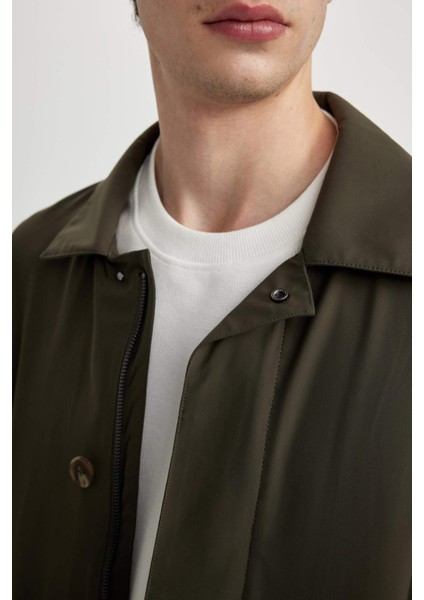 Su İtici Rüzgar Geçirmez Slim Fit Parka Mont Dar Kesim Polo Yaka Fermuarlı Cepli B6305AX24SP