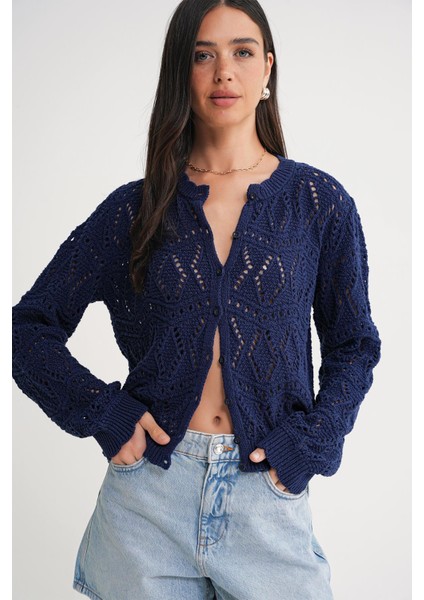 6934 Kadın Baklava Desenli Mevsimlik Ajurlu Hırka Lacivert