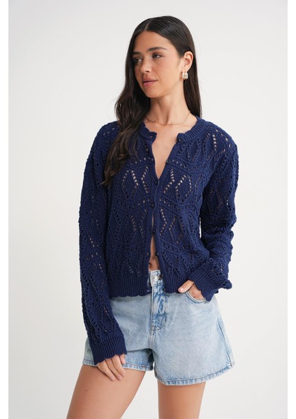 6934 Kadın Baklava Desenli Mevsimlik Ajurlu Hırka Lacivert modelleri