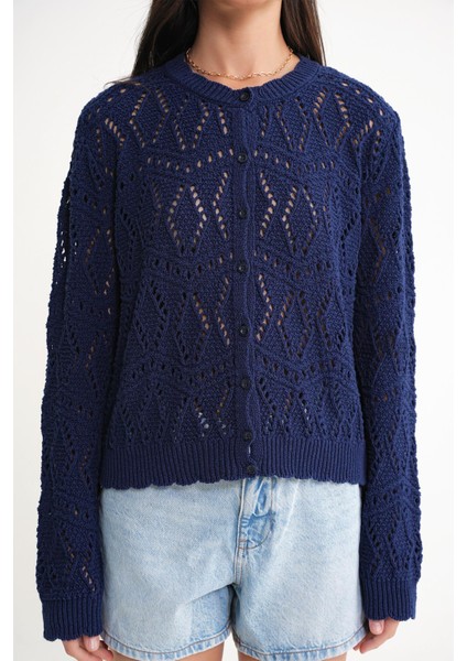 6934 Kadın Baklava Desenli Mevsimlik Ajurlu Hırka Lacivert indirimleri