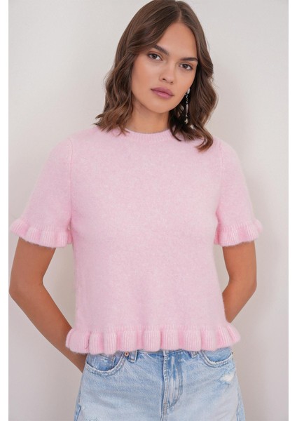 6974 Kadın Fırfırlı Yün Karışımlı Kısa Kol Premium Kazak Pembe