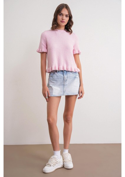 6974 Kadın Fırfırlı Yün Karışımlı Kısa Kol Premium Kazak Pembe fiyatları