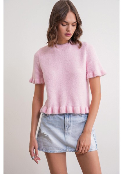 6974 Kadın Fırfırlı Yün Karışımlı Kısa Kol Premium Kazak Pembe modelleri