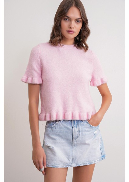 6974 Kadın Fırfırlı Yün Karışımlı Kısa Kol Premium Kazak Pembe fırsatları