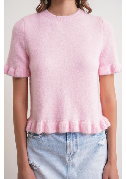 6974 Kadın Fırfırlı Yün Karışımlı Kısa Kol Premium Kazak Pembe indirimleri
