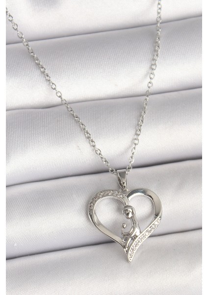 Tegan 316L Çelik Gümüş Renk Zincir Zirkon Taş Detaylı Kalp Model Kadın Kolye TG27BKO9854
