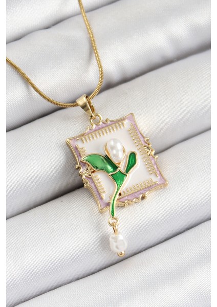 Tegan 316L Çelik Zincir Beyaz Sanatsal Portre Sallantılı Inci Detaylı Lale Model Gold Renk Kadın Kolye TG27BKO10308