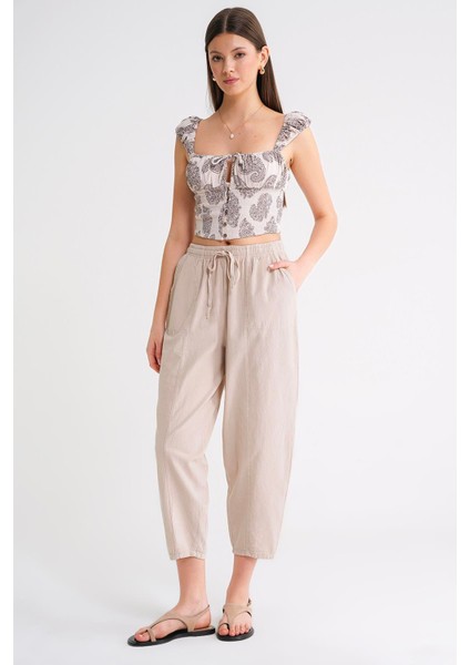 4436 Kadın Keten Çımalı Şalvar Pantolon Taş