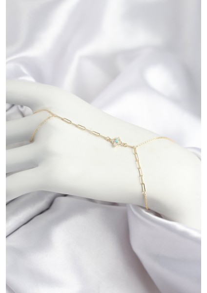 Tegan Pirinç Zirkon Taşlı Mavi Boncuklu Yonca Model Gold Renk Şahmeran TG27SN721