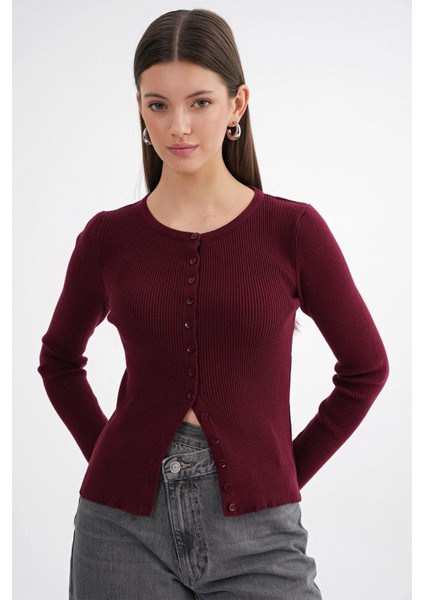 6931 Kadın Düğmeli Fitilli Triko Hırka Bordo