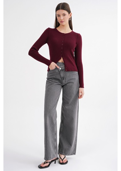 6931 Kadın Düğmeli Fitilli Triko Hırka Bordo fiyatları