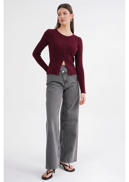 6931 Kadın Düğmeli Fitilli Triko Hırka Bordo modelleri