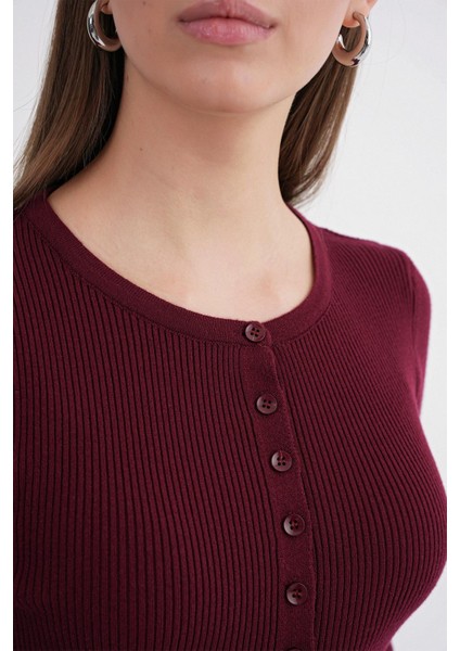 6931 Kadın Düğmeli Fitilli Triko Hırka Bordo fırsatları