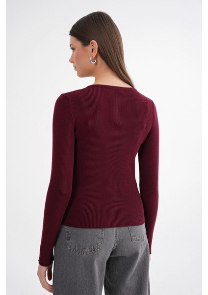 6931 Kadın Düğmeli Fitilli Triko Hırka Bordo indirimleri